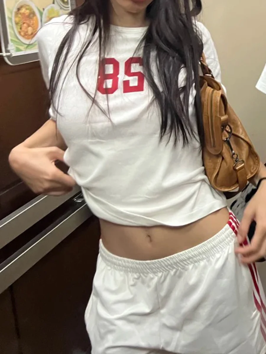 

28 Letter Print White Slim T-shirt Women Round Neck Cotton Half Sleeve Tee Shirts Autumn Preppy Style Sweet Casual Crop Tops Y2k