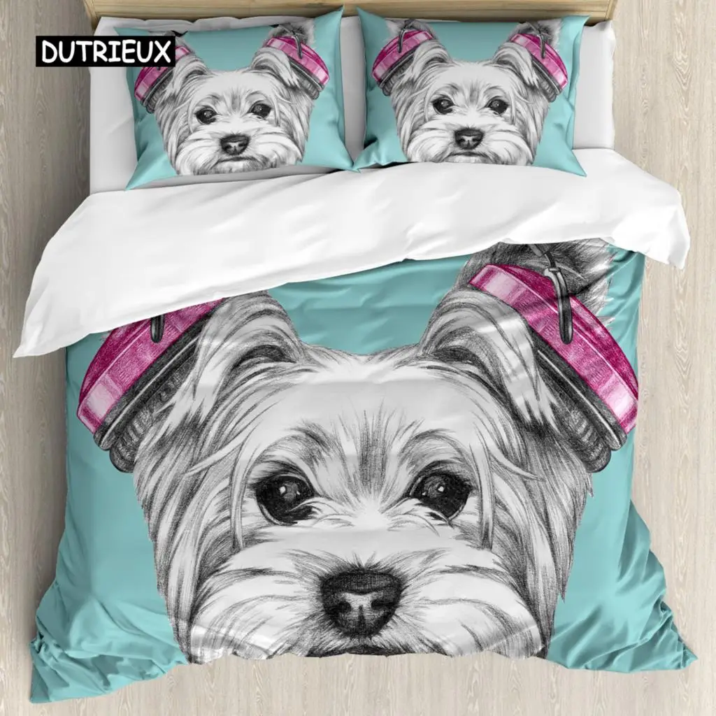 Yorkie Duvet Cover Set Dog with Headphones Music 3pcs Bedding Set for Kids Girls Boys King Size Puppy Theme Soft Comforter Cover