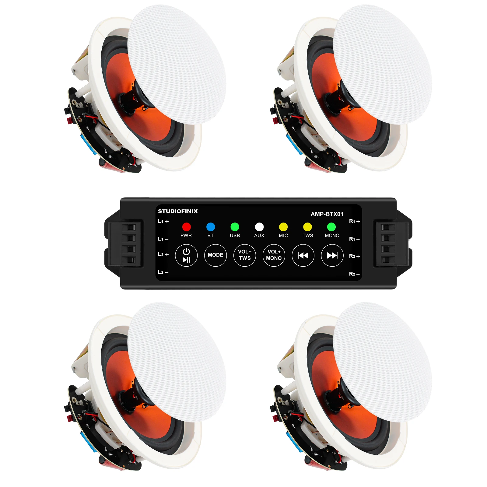 

STUDIOFINIX 4'' Bluetooth Ceiling Speakers 4 Channel Amplifier 480W Max Power 4 Speakers Clear Sound Living Room Office Kitchen