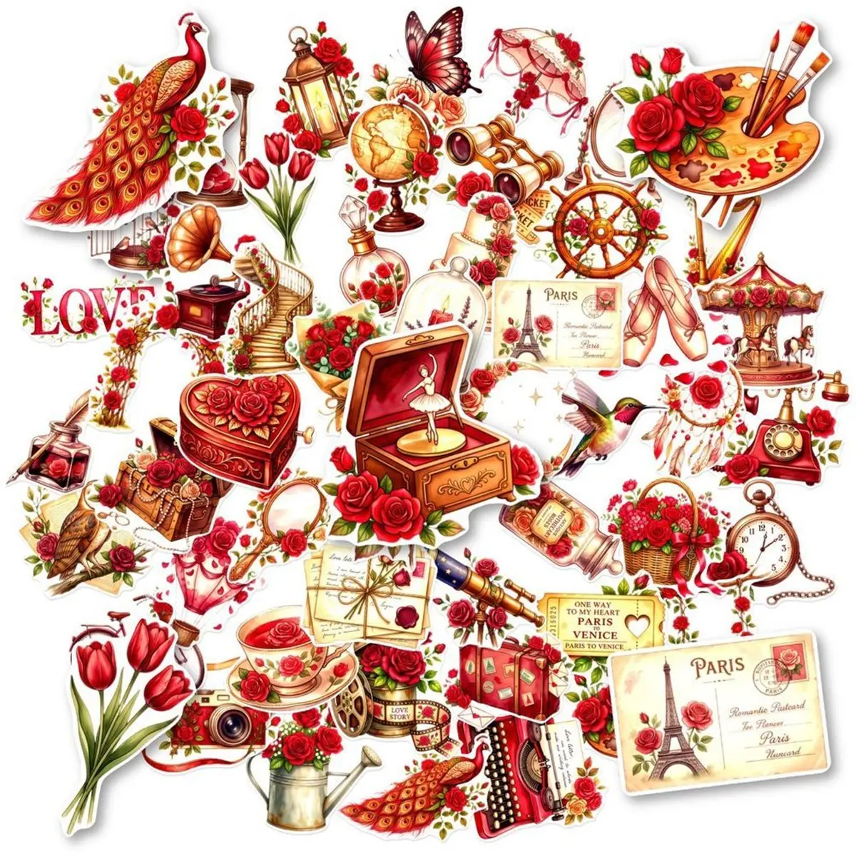 50PCS Vintage Rose Stickers Waterproof Floral Vinyl Decals for Scrapbook Journal DIY Craft Romantic Decor