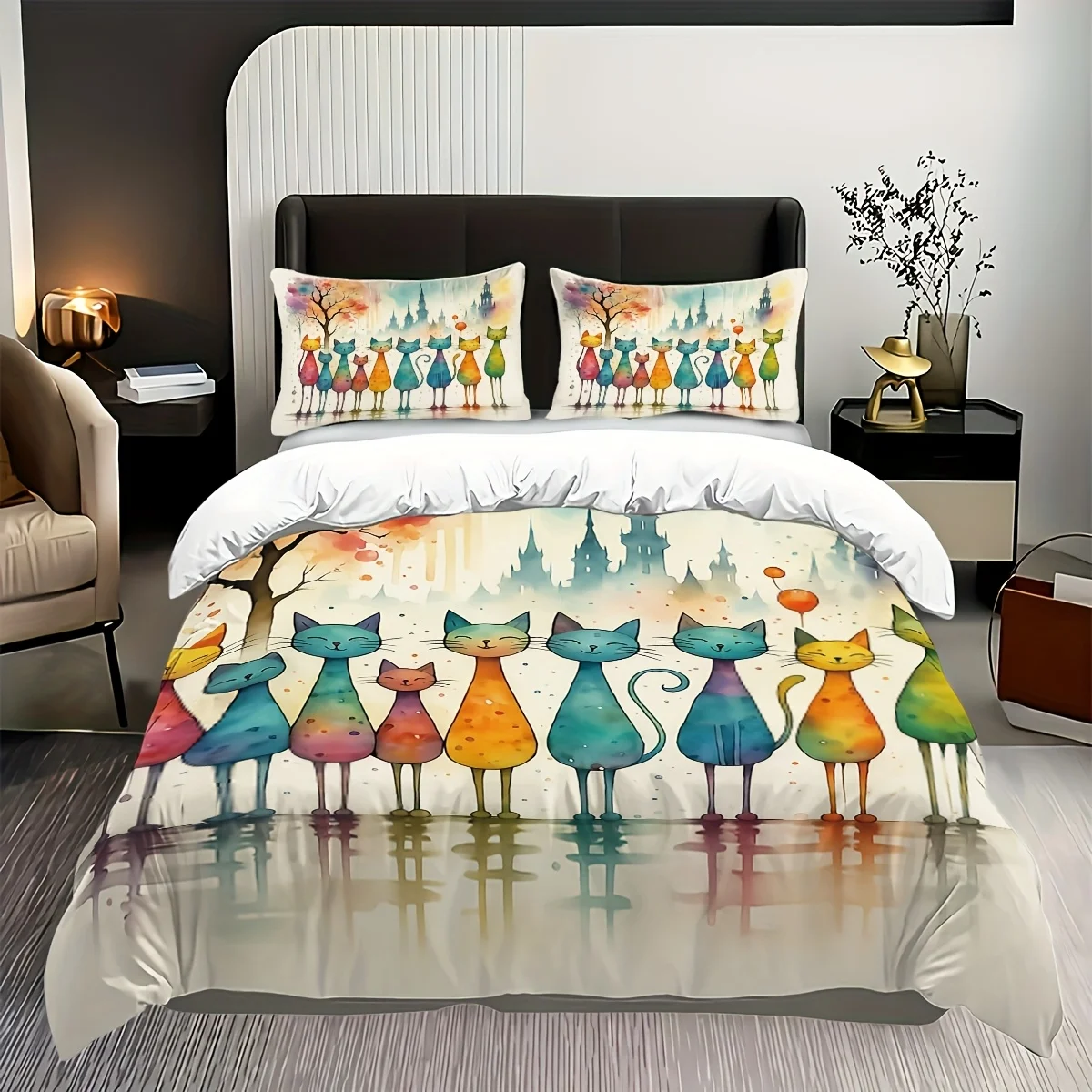 

Cute Ink Painting Cat Design Print Quilt Cover Bedding Set Soft And Comfortable Bedding Bedroom Decoration Zipper Closure