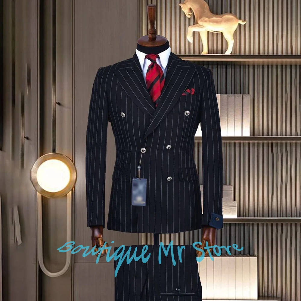 

Classic Black Pinstripe Men's Suits and Separates Double Breasted 2 Pieces Jacket Pants Formal Business Office Wedding Tuxedo