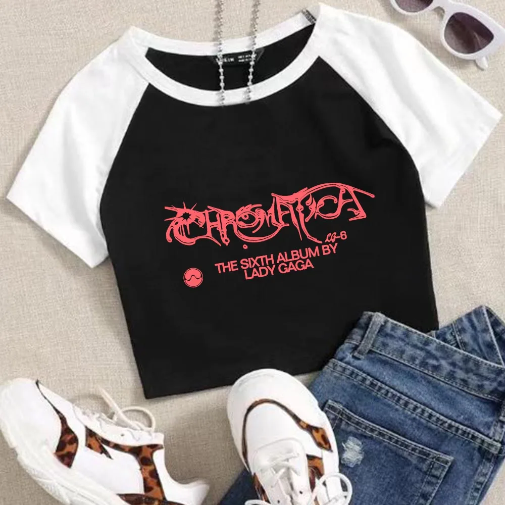 Lady Gaga Chromatica 2024 Crop Tops T-Shirt Music Fans Gift Girls Short Sleeves O-Neck Fashion Super-short Shirt Regular