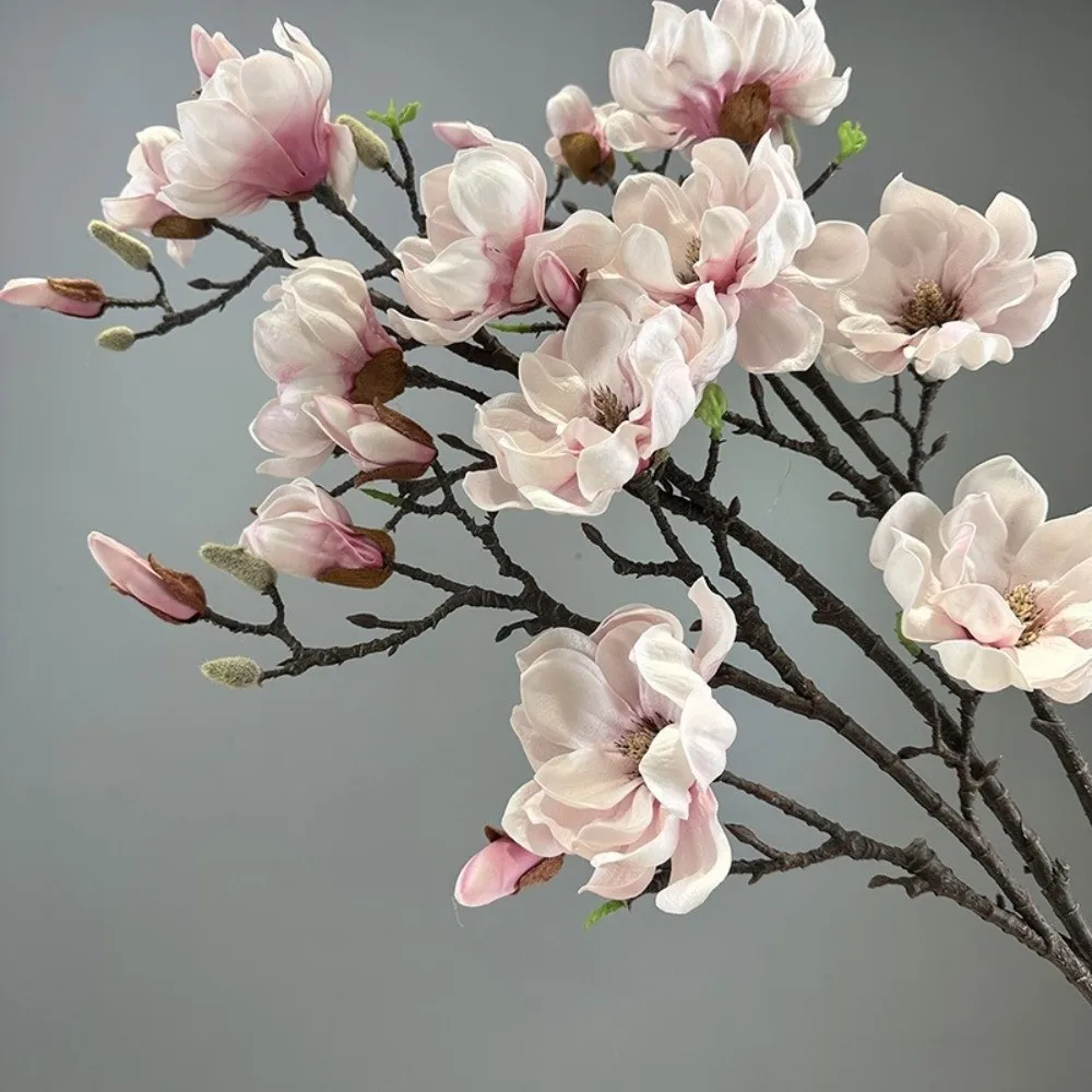 

Simulation PU Magnolias Real Touch Fake Flower Plant Auditorium Decoration Artificial 7 Heads Magnolia Branch Orange Flowers