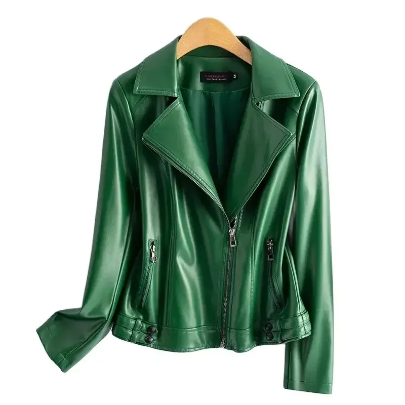 

Streetwear Women's 2nd Layer Sheepskin Jacket Genuine Leather Short Coat Autumn Green Moto Biker Outerwear Tops JJ605