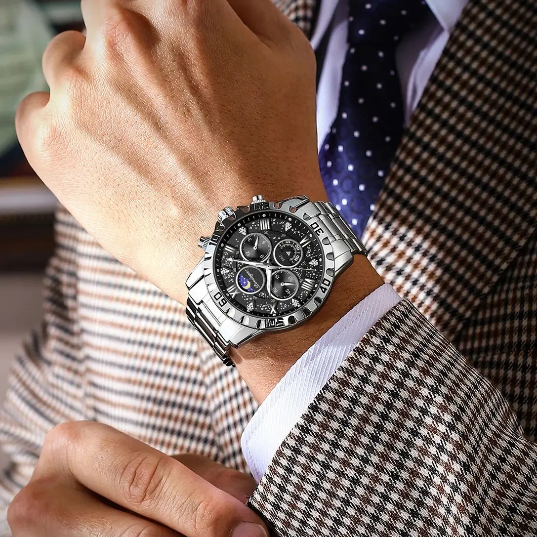 POEDAGAR ساعة رجالية فاخرة مقاوم للماء مضيئة الفولاذ المقاوم للصدأ كوارتز ساعة يد رجالي كرونوغراف الساعات العسكرية للرجال Reloj