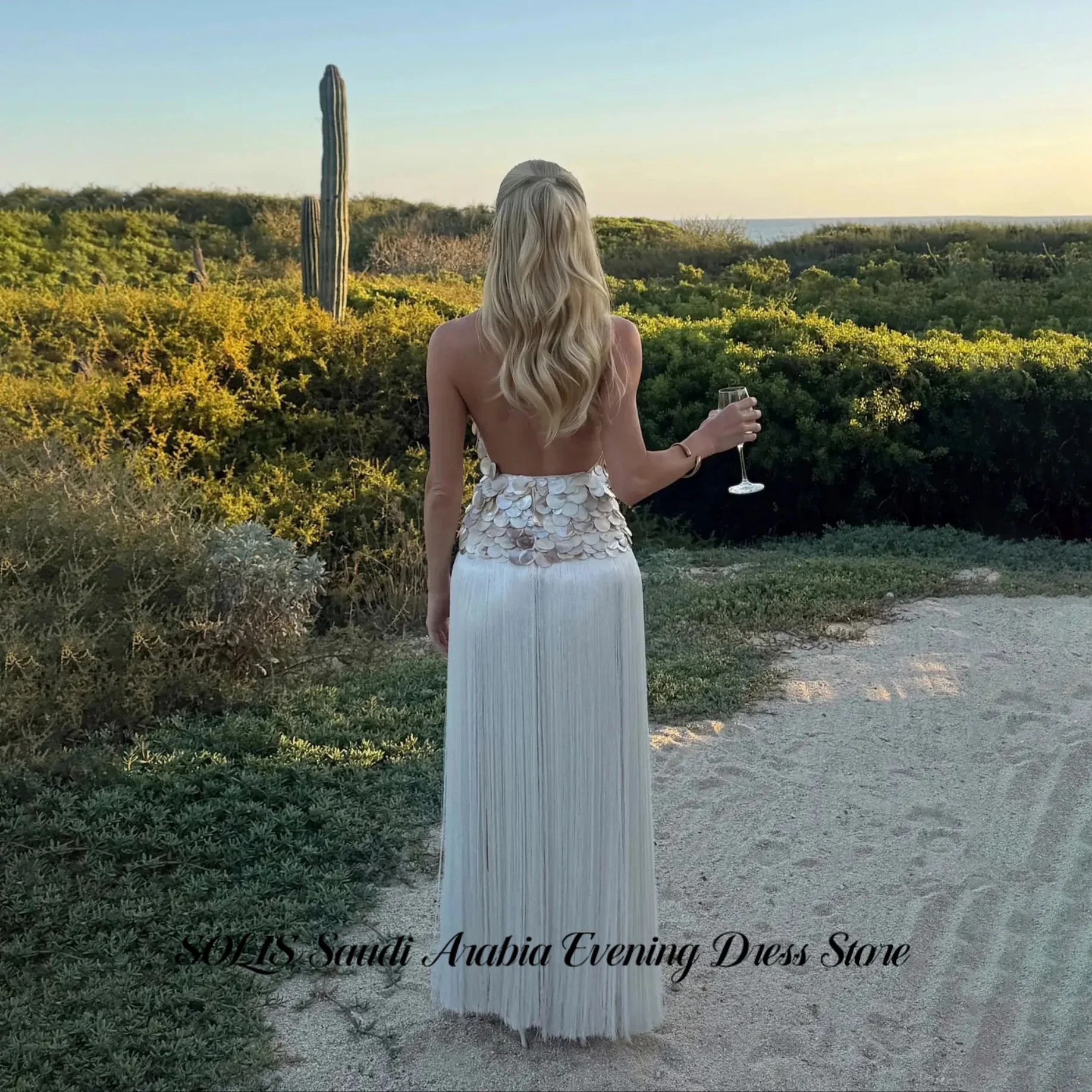 SOLIS White Prom Dress Open Back Iridescent Shell Sequins Cocktail Evening Dress Gloss Shell Sequin Fringe Party Gown Customized image 2