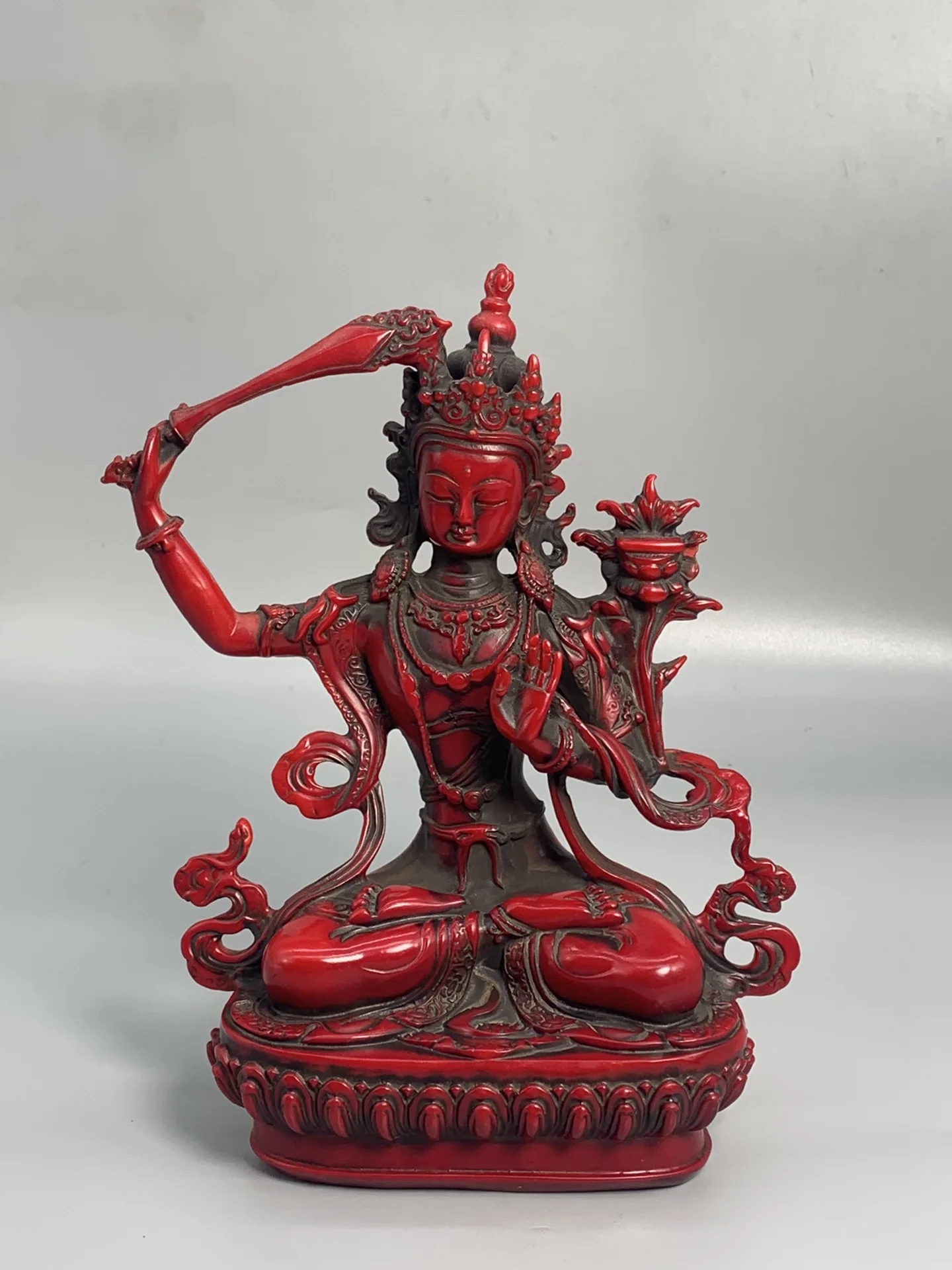 

Chinese Handmade Red Coral Carved Bodhisattva Manjusri Buddha Statue Luck Gift Home Decoration