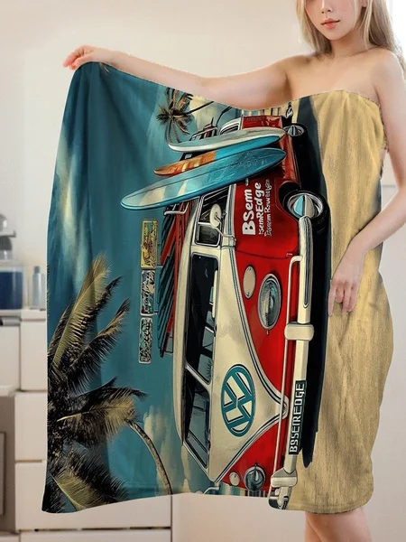 Toalla de playa con estampado de autobús y tabla de surf VW vintage, toalla de baño suave y absorbente para familia y viajes, diseño retro de verano para vibraciones divertidas