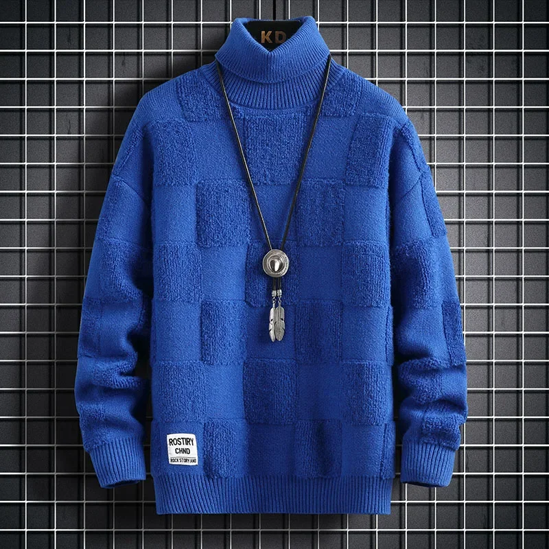 Pull chaud épaissi à col roulé pour hommes, pull à carreaux, mode coréenne, pur, mince, décontracté, marque de haute qualité, hiver