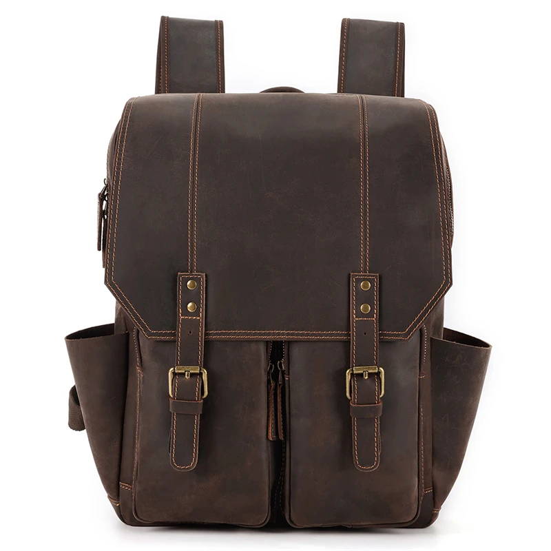 

Dark Brown Thick Genuine Crazy Horse Leather 14'' 15.6'' Laptop A4 Women Men Backpack Male Travel Bag Vintage Highend New M6586