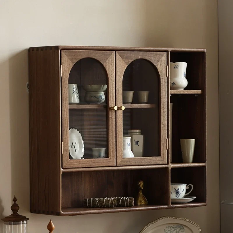 Black walnut home wall cabinet cup holder display cabinet retro style wall wall cabinet display rack desktop figure