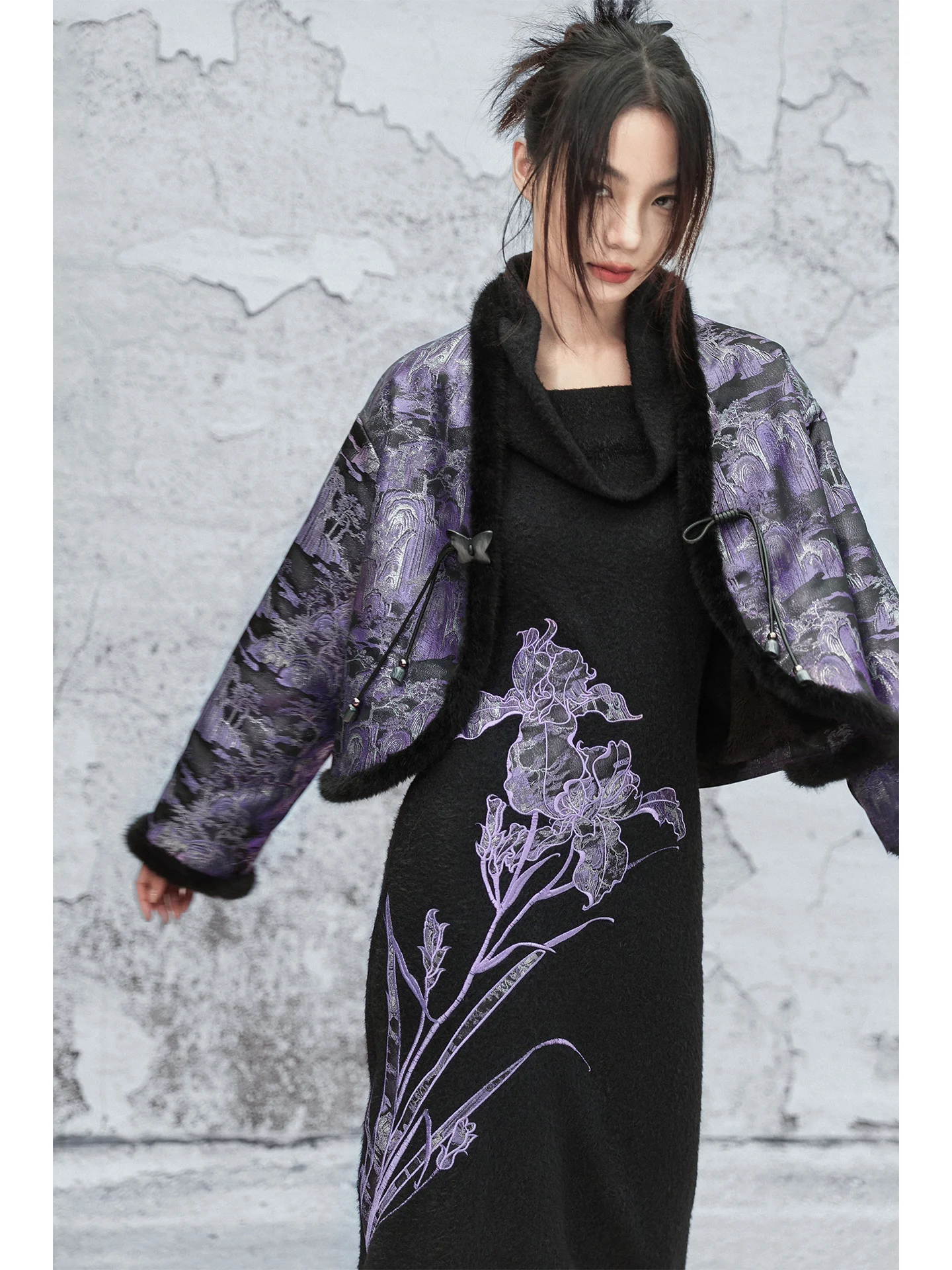 

k Sle ort Tassel Coat Women's V-ne Patchwork Fur Strip Purple Top Thiened Long Sve Polyester Jaet