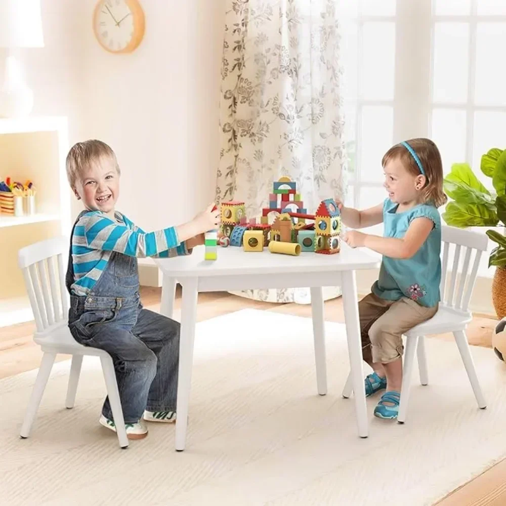 Conjunto de mesa infantil Windsor e 2 cadeiras, conjunto de mesa e cadeira de borracha para crianças pequenas para arte, brincar, artesanato, atividades, mesa infantil, branco