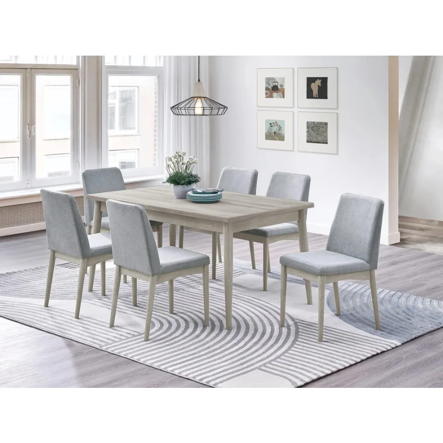 Natural Wood Grain 7pc Dining Set Rectangle Table and Chair Plush Comfort Fabric Dining Room Furniture