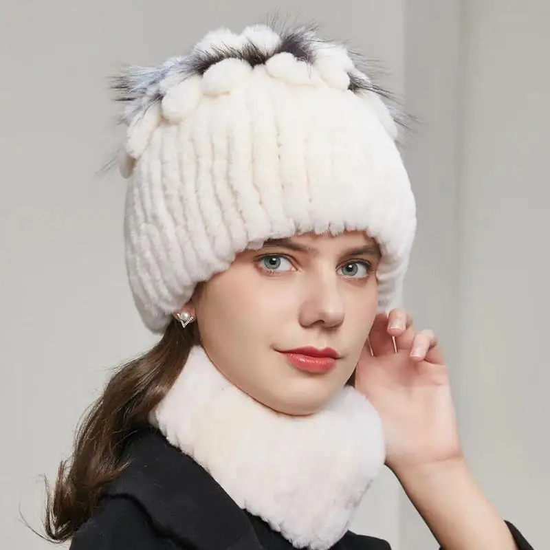

Winter Women Natural Rex Rabbit Fur Hat Big Flower Real Fox Fur Caps Russian Female Scarf Headdress Fashion Warm Beanie Hats