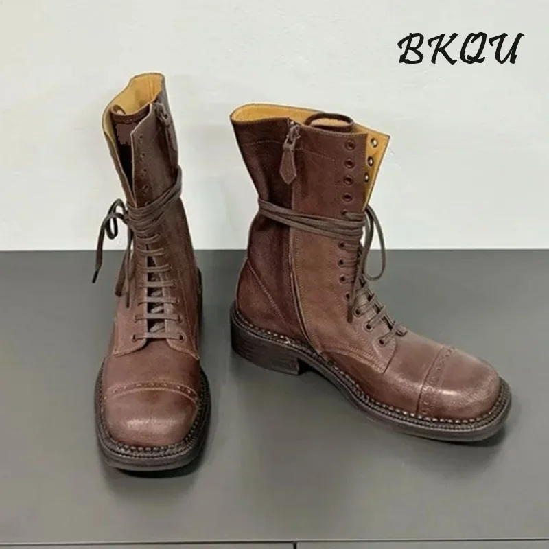 

BKQU Cool Motorcycle Boots for Women Do Old 2024 Autumn New Fashion Boots Retro Brown Knight Ankle Boots Design Sense