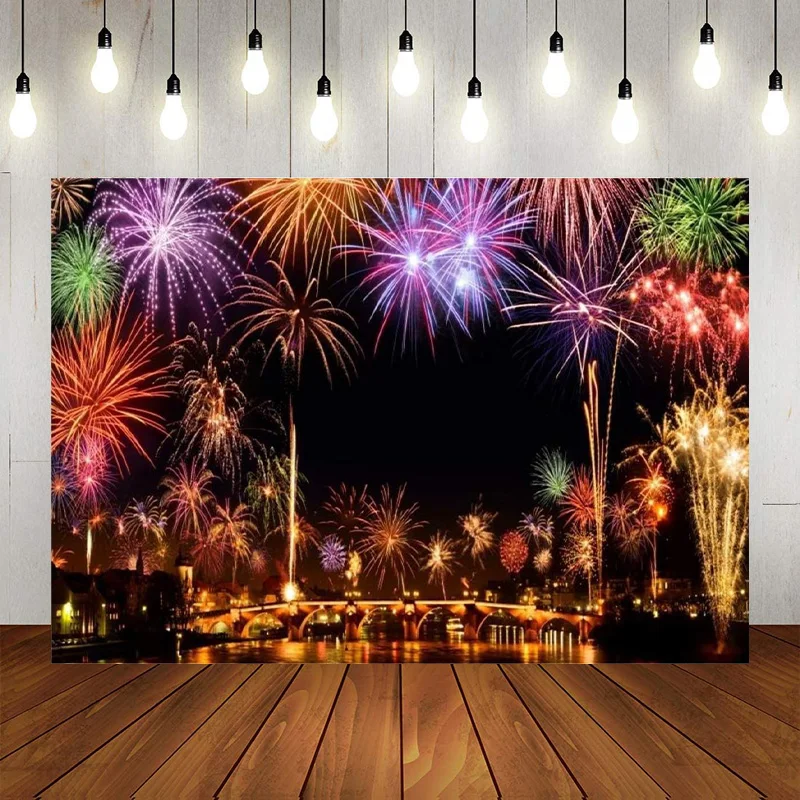 Happy New Year Backdrop City Night New Year's Eve Grandiose Fireworks Background  Photography Party Celebrate Banner Photo Pro