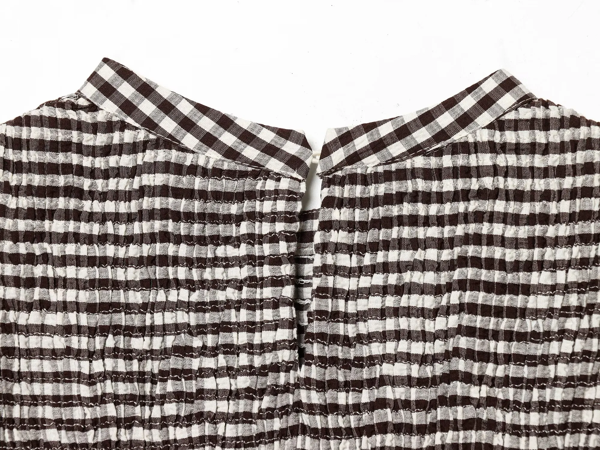 HH Vintage Damen Bluse mit Rüschensaum, elegantes Party-Shirt, modische Strand-Urlaubsbluse, kurze Puffärmel, lässige Sommer-Karo-Bluse, schmal geschnitten – Detail 11