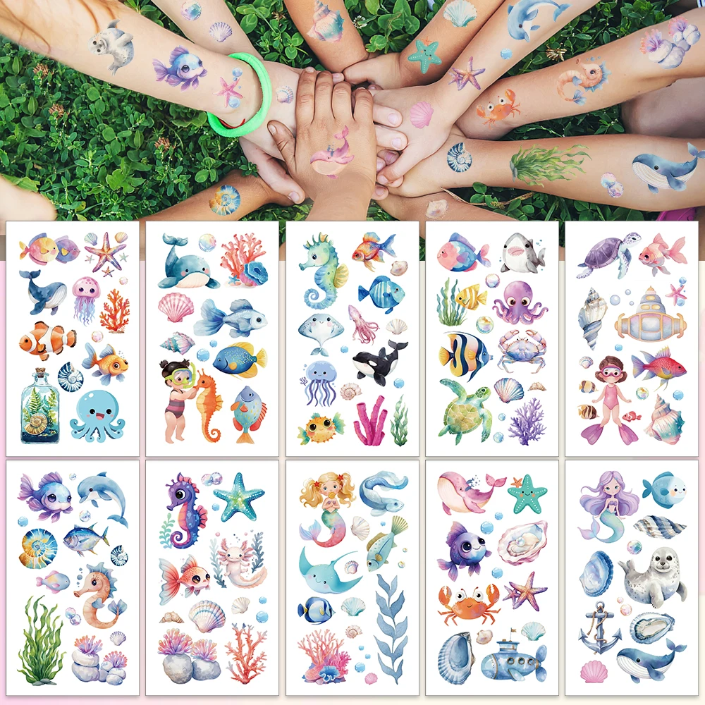 

10sheets Colorful Underwater World Fish Sharks Tattoo Stickers For Face Hand Body Temporary Fake Waterproof Tattoo Stickers