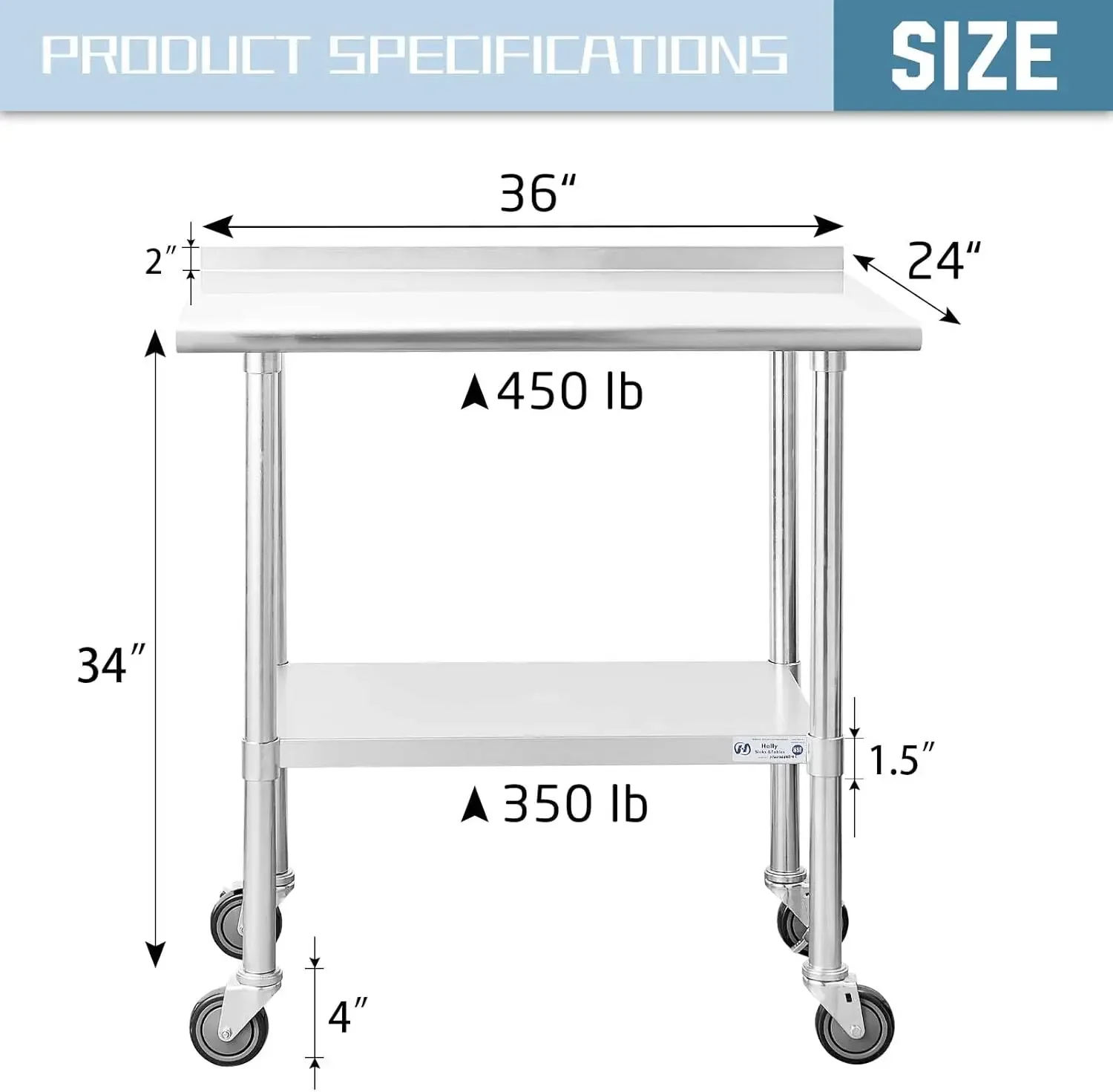 Stainless Steel Table for Prep & Work 24 x 36 Inches with Caster Wheels, NSF Commercial Heavy Duty Table with Undershelf a