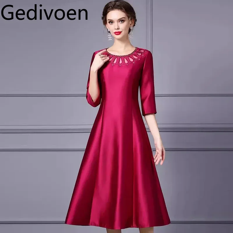 Gedivoen Fashion design Abito da donna Mezza manica con perline Scava fuori Abiti da ballo casual per le vacanze autunnali e invernali