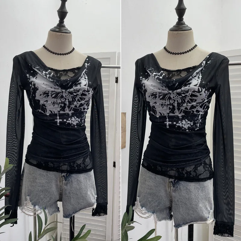 ผู้หญิงสบายๆลูกไม้ Splicing ตาข่ายเสื้อยืดแขนยาว Retro พิมพ์ฮาโลวีนปลอม 2 ชิ้น Swing COLLAR SLIM FIT ด้านในด้านบน 8035