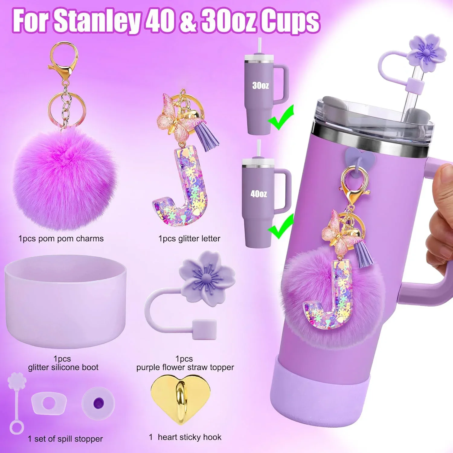 8pcs Cup Accessories Set for Stanley Cup 30 40oz Tumbler Flower Straw Cover Topper Cap Letter Charms Silicone Boot Spill Stopper