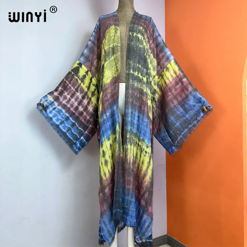 

Женское богемное платье-Кафтан WINYI, элегантное платье с принтом в стиле Tie-dye, африканские кардиганы, верхняя одежда для женщин, летнее пикантное кимоно из хлопка