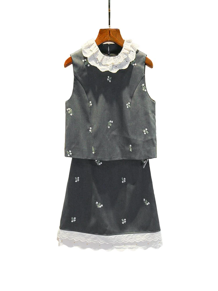 Set Faion da donna di lusso con gilet in pizzo ricamato e gonna f Small Fraance Sle 2024 Stagione autunnale in fibra di poliestere