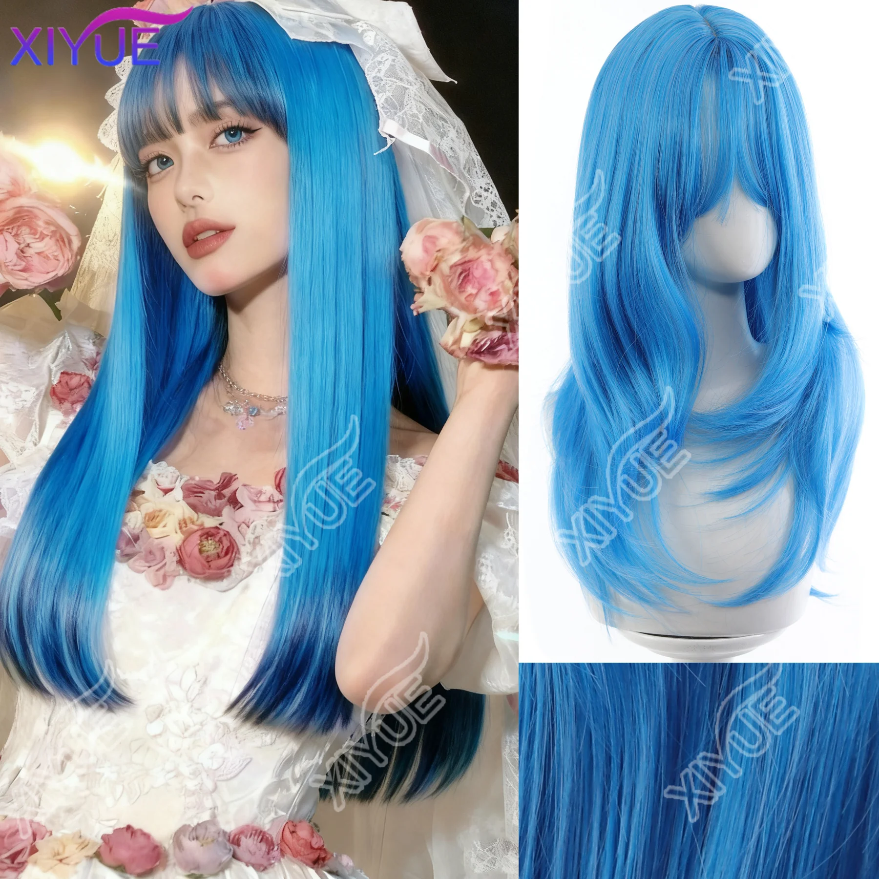 

XIYUE Синтетические длинные прямые парики высокого уровня Голубой с париком для косплея с челкой для женщин Натуральные волосы Термостойкое волокно
