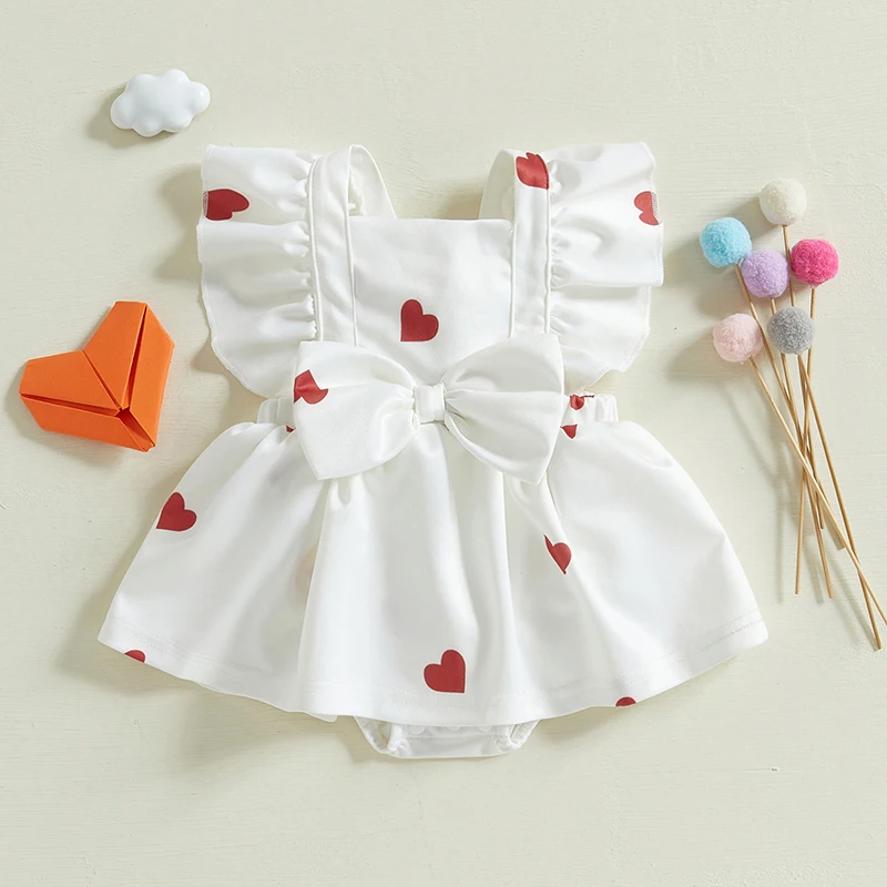 Baby Girls Valentine s Day Romper Dress Flying Sleeve Square Neck Heart Print Bow Romper