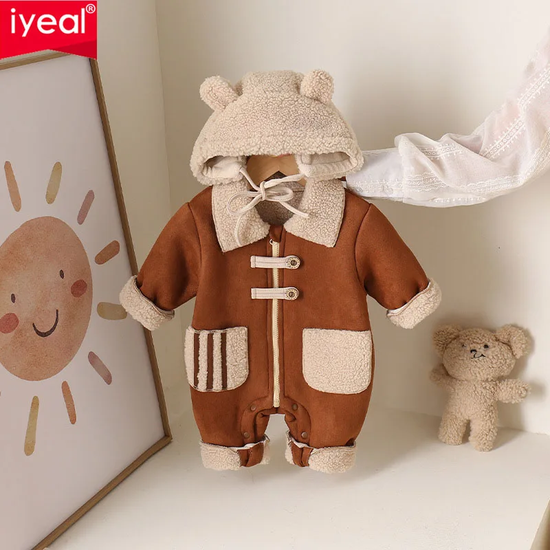 IYEAL Newborn Baby Snowsuit Infant Winter Coat Warm Fleece Cartoon Hooded Zipper Jumpsuit Outwear Romper
