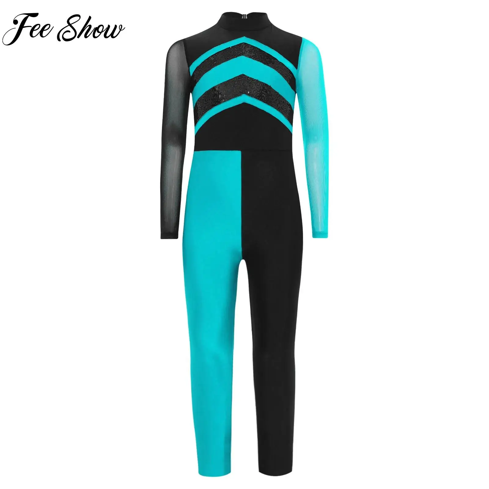 Girls Gymnastics Jumpsuit Ballet Dance Unitard Athletic Figure Skating Costume Sparkly Sequins Long Sleeves Jumpsuit Dancewear