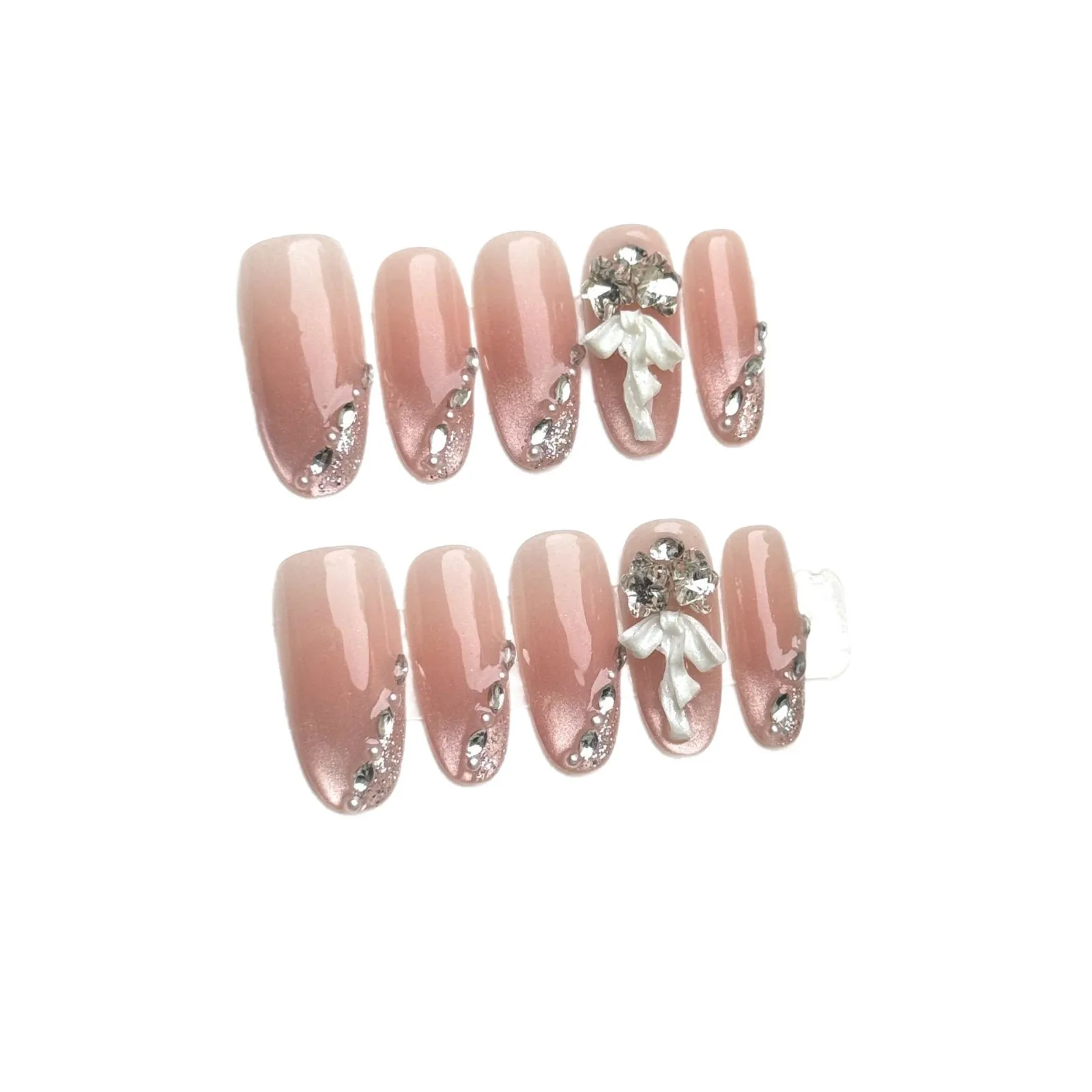 10pcs Handmade Oval Press On Nails Nude Pink Gradient French Rhinestone 3D Bow Design Sweet Fake Nails Wearable Nails Art Tip