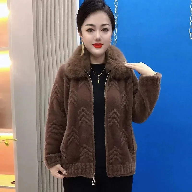 

Autumn Winter Women Knitted Cardigan Thick Imitation Mink Velvet Sweater Coat Middle-Aged Mother Fur Collar Zipper Wool Jacket