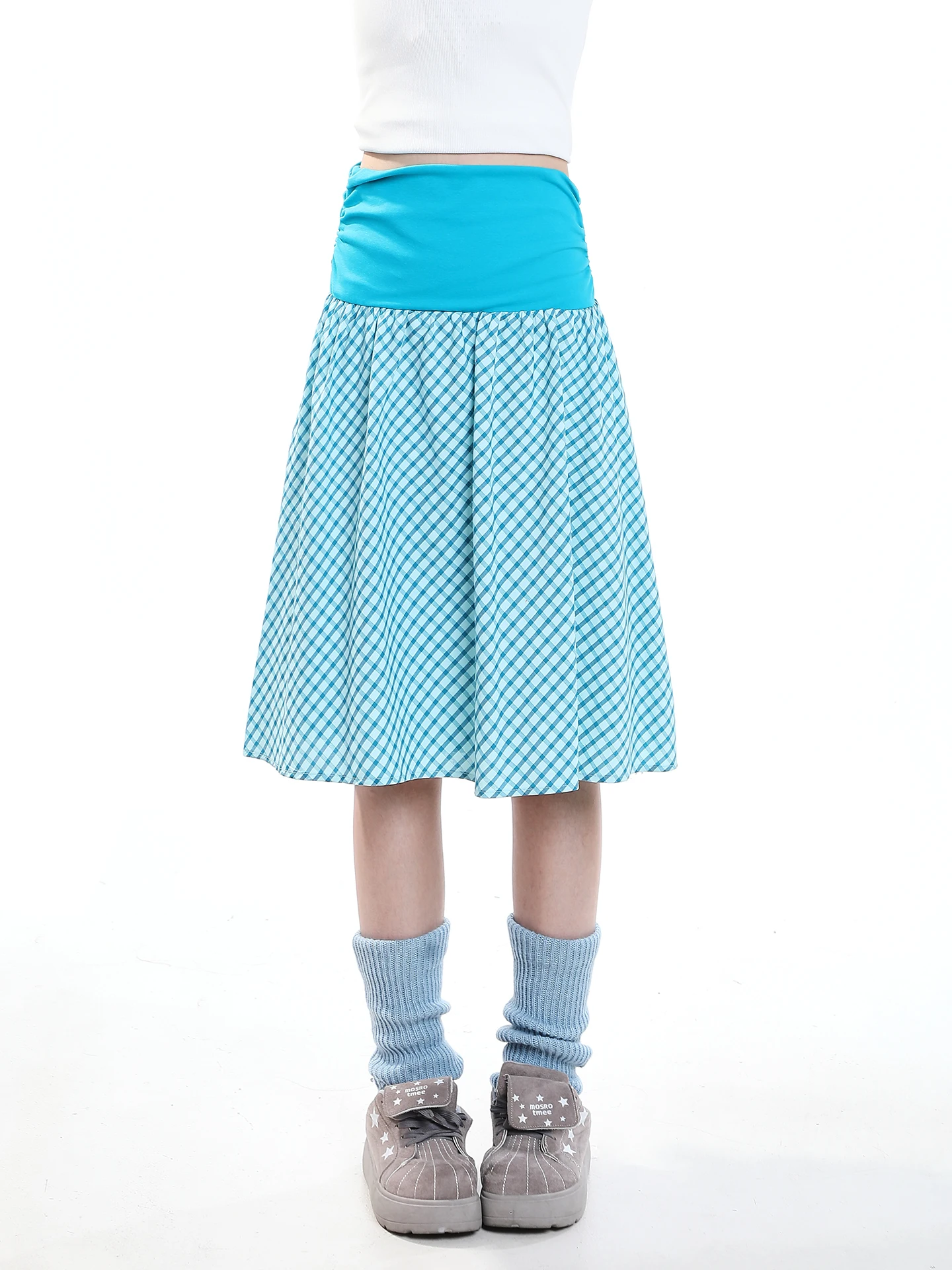Sweet Korean Plaid Splice A-Line  Skirt Women's High Waist Casual Slim Fit Leisure Midi Skirt for Young Girls
