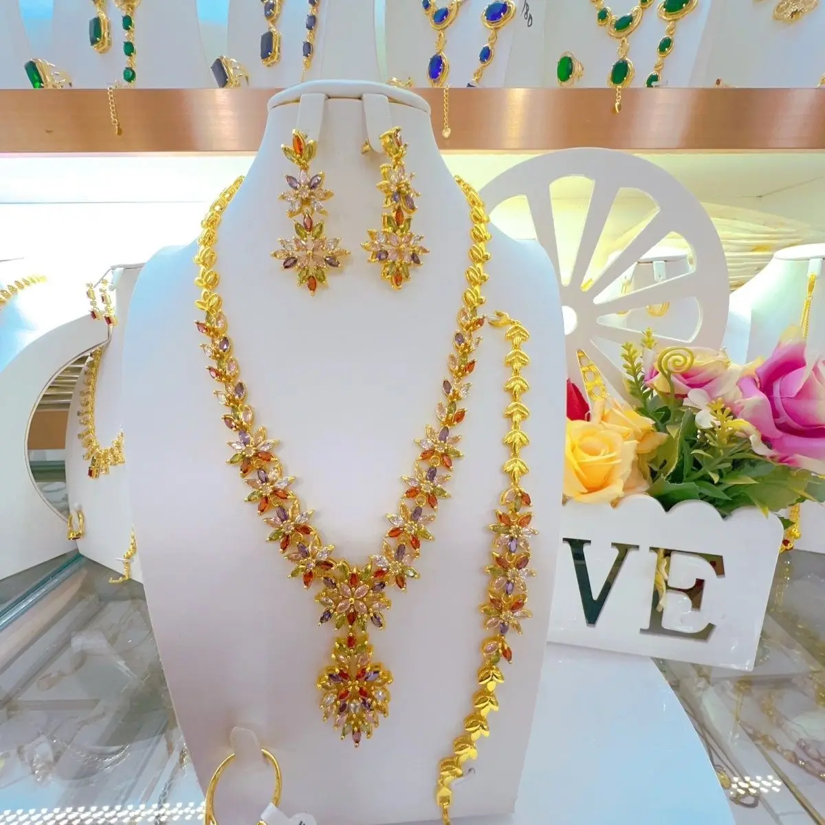 

New European French 24K Gold Plated Alloy Bracelet Necklace Earrings Ring Engagement Party Women's Jewelry Set YY10667