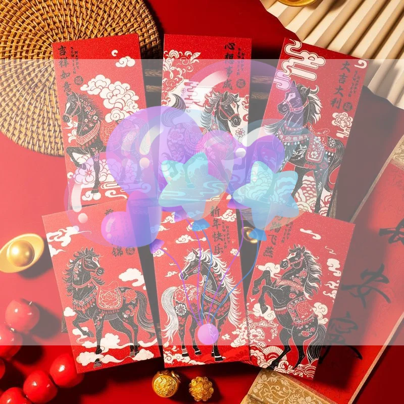 

6 упаковок, 2026 год лошади, китайский Новый год, конверты для денег на удачу, красный пакет с героями мультфильмов для весеннего фестиваля