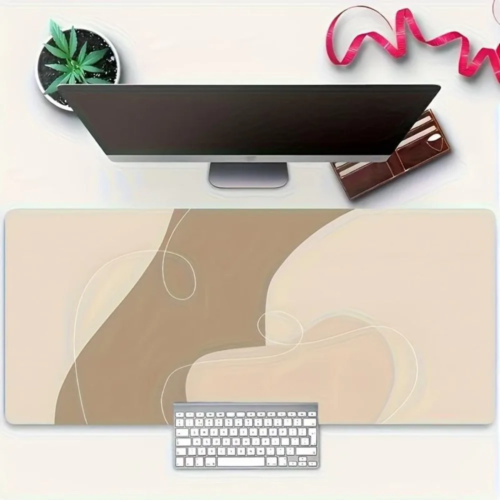 Grand tapis de souris gaming minimaliste - Matériau en caoutchouc antidérapant, design abstrait beige et marron
