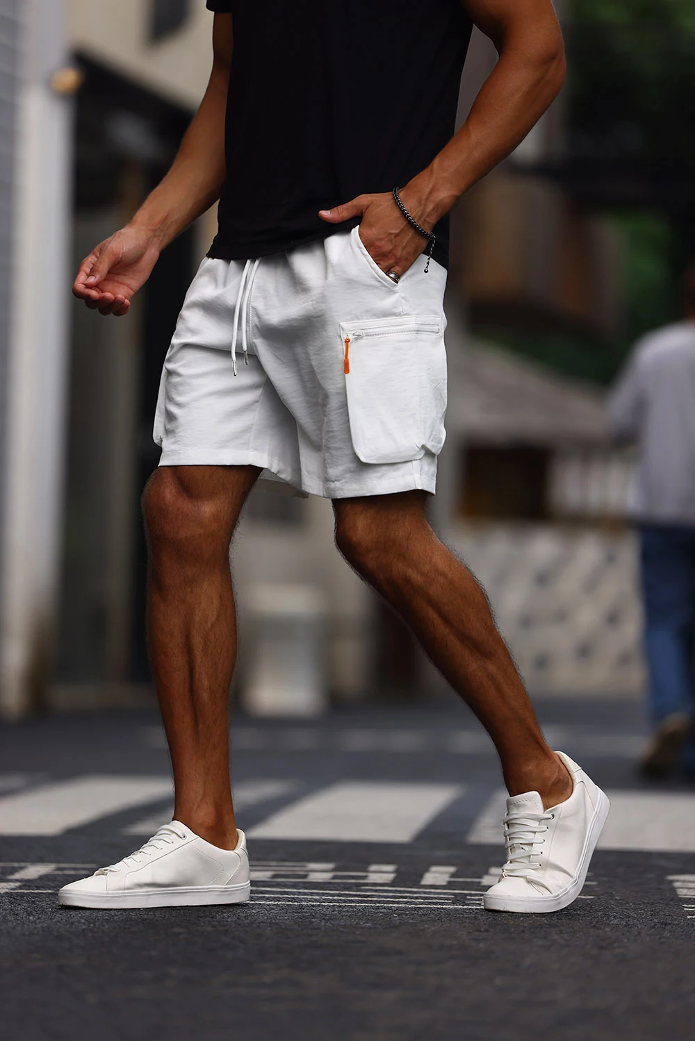 White Zipper Cargo Shorts With Contrast Pockets for Men