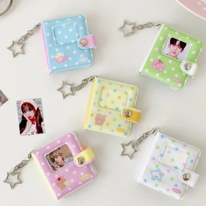 2 Inch Mini Photo Album Keychain for Kpop Card Cute Cartoon Bear Polka Dot Design Student ID Card Sticker Storage Case 2026 New
