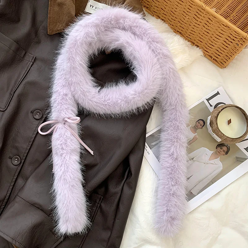 وشاح طويل من الفرو للنساء بفيونكة شعر أرنب صناعي شتوي وردي سميك دافئ يقلد أرنب كوري ياقة من الفرو الاصطناعي كاواي #6