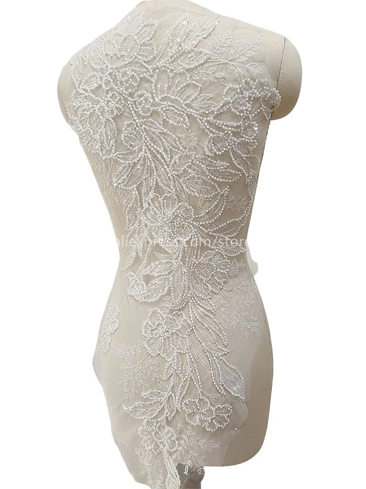 Fish Silk Thread Beaded Sequin Lace Flower Patch,DIY Wedding Dresses, Front Chest and Back Lace Applique,Premium Products, 81x3
