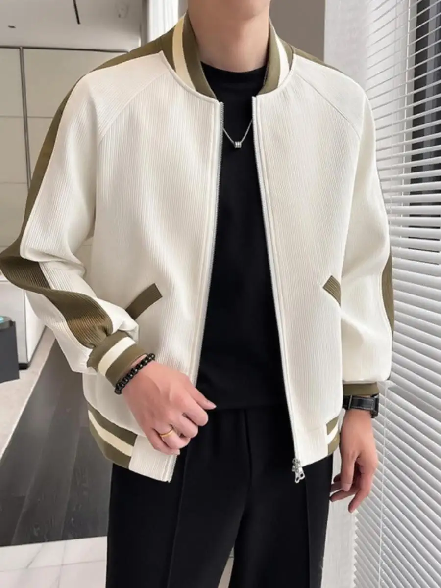 

Short Men's Baseball Jacket Spring Autumn Trendy Brand Color Block Stripe Pattern 2026 New Style Breathable Standard Fit