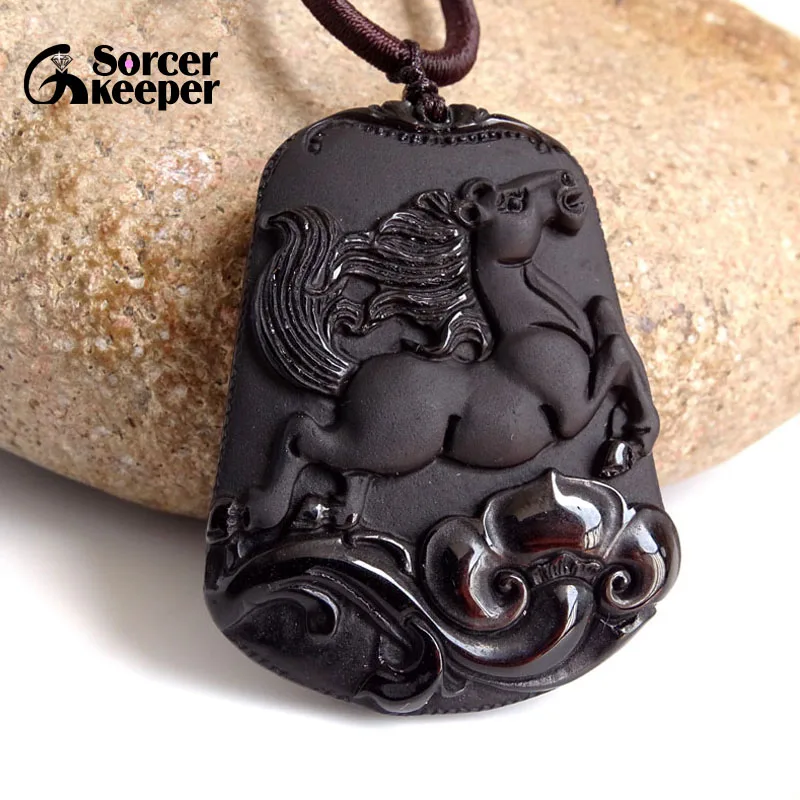 Beautiful Chinese Handwork Natural Black Obsidian Carving Running Horse Lucky Pendants Necklace Fashion Amulet Jewelry TS151