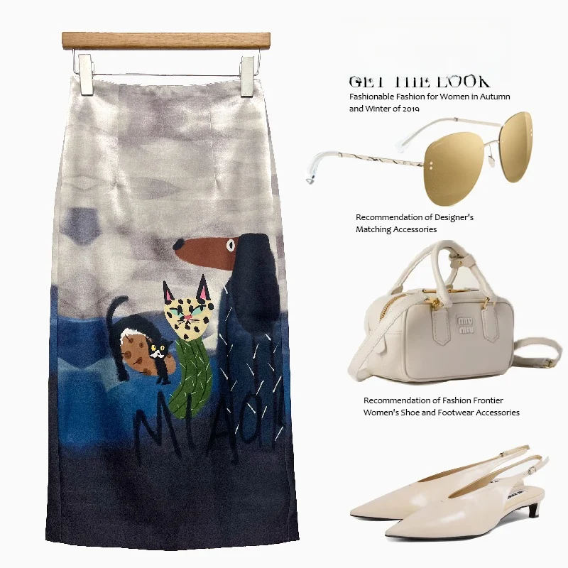 

High Waist Straight Cut Long Skirt with Cartoon Print And Ba Split Slimming Effect Full Length f Body Skirts Faionable