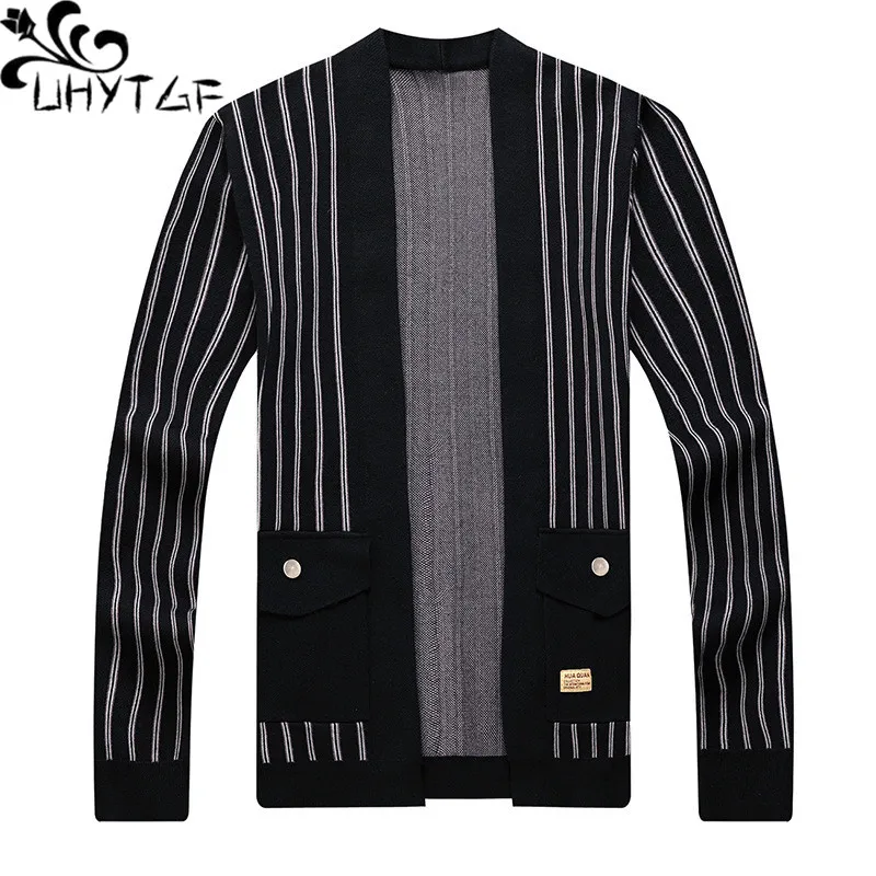 

UHYTGF Youth New Sweaters For Men Fashion Stripes Knitted Cardigan Jacket Mens V-Neck Casual Autumn Winter Sweater Coat Male 215