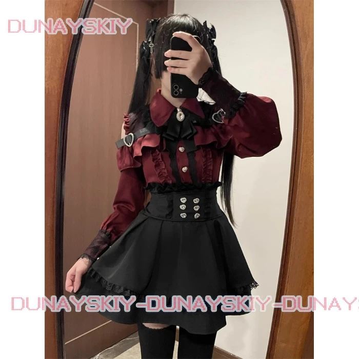 Jirai kei Outfit Lolita Girls Blouse Top Women Long Sleeve Shirt Kawii Bow Black Skirts Shirts Y2K Sweet Japanese Lady Style Set image 4
