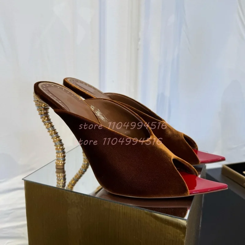 

Pointed Suede Patchwork Stiletto Slippers Women Patent Leather Diamond Studded Strange Style Open Sandals Black Red Brown Shoes